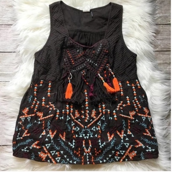 Anthro Rigmarole Akemi Kin Tassel Brown Embroidered Beaded & Tassel Tank Top - Picture 2 of 9